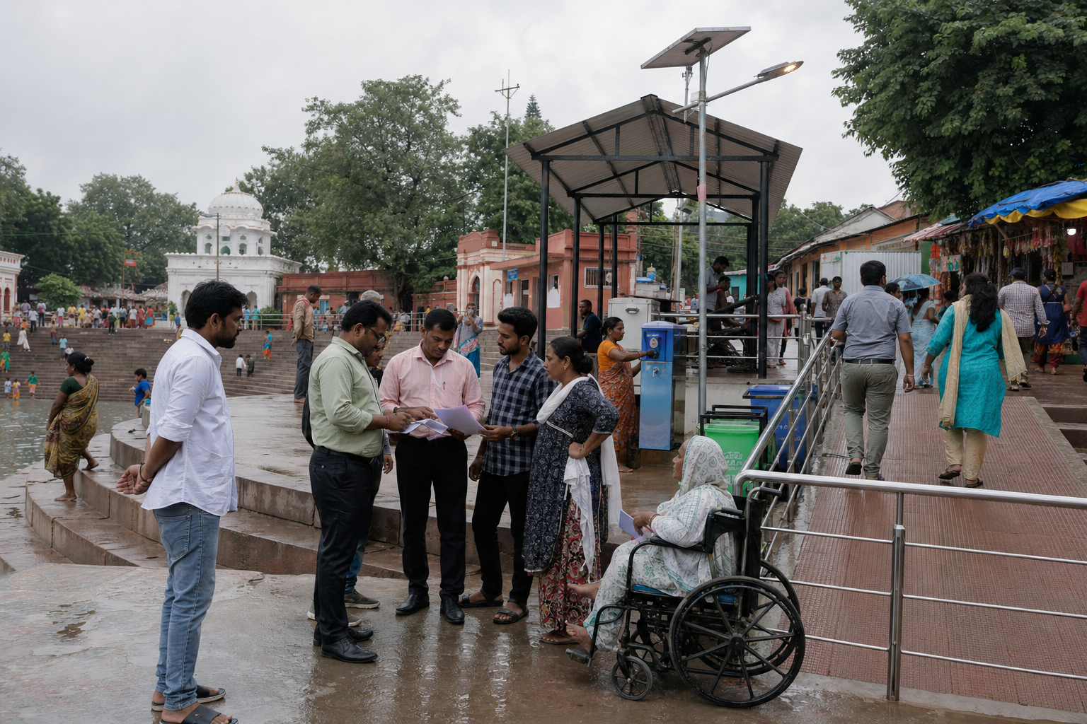 Residents, shrine trustees, and engineers inspect accessible ghat steps, sanitation, transport, lighting, and other public facilities at a pilgrimage site.