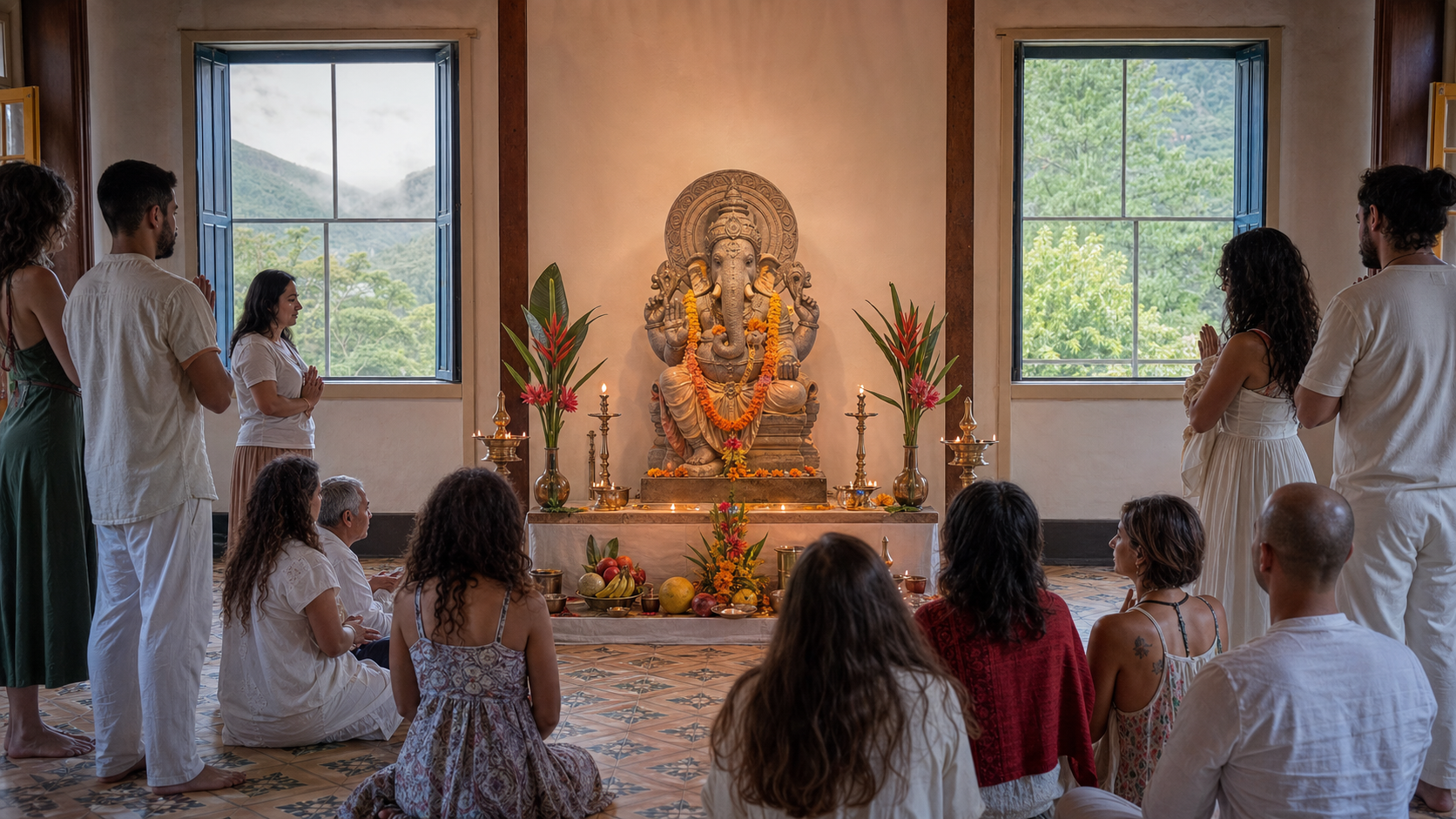 A flower-adorned Ganesha murti on a raised shrine inside a Brazilian cultural center, with worshippers gathered and green hills visible through open windows.