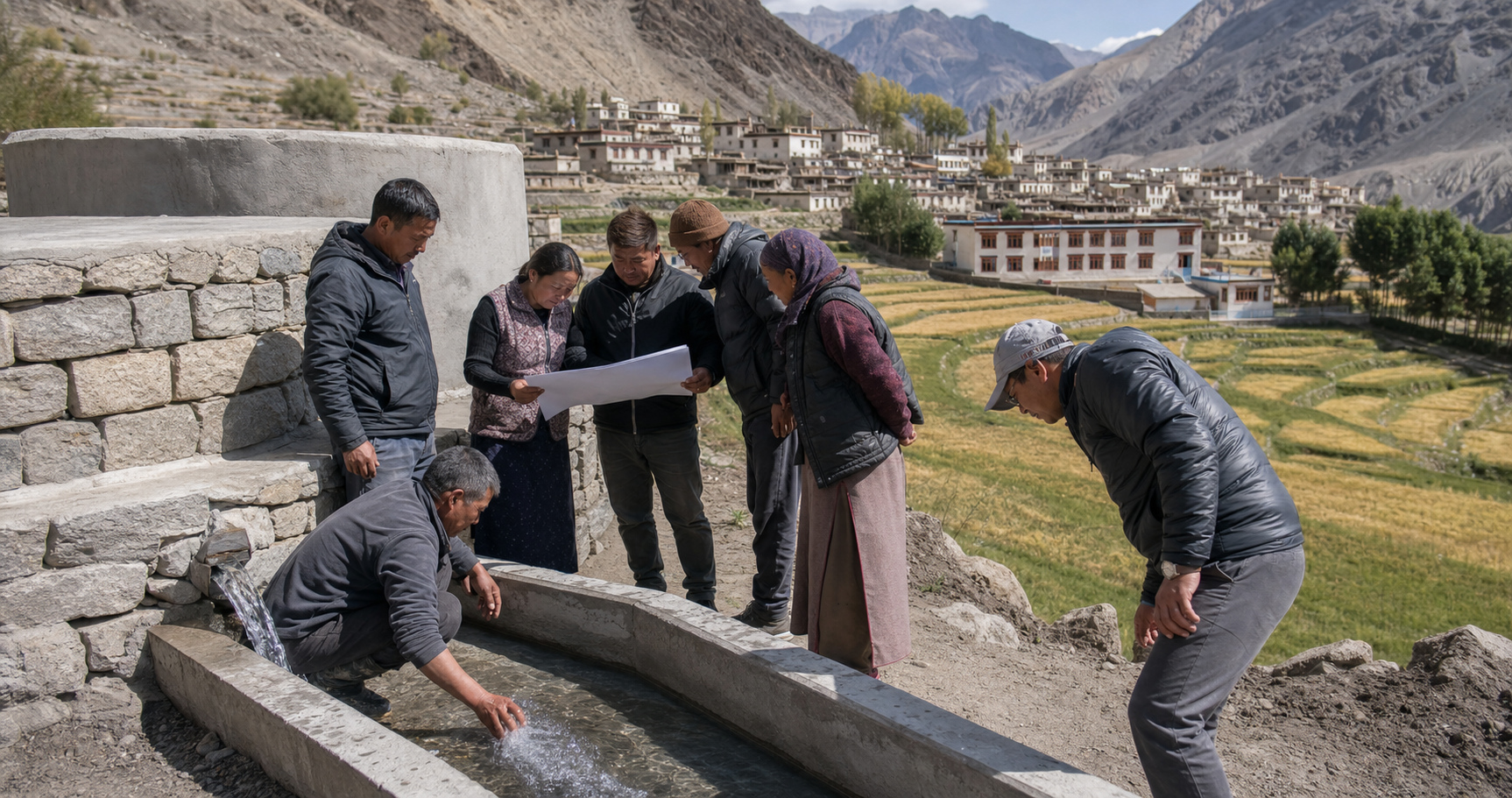 Villagers, council members and an engineer inspect a completed water channel and storage tank beside terraced fields in Ladakh.