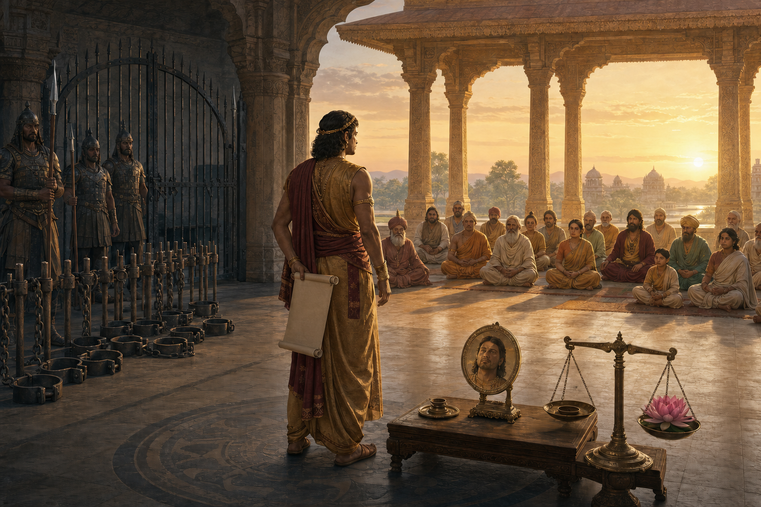 An ancient ruler holding a warning pauses between armed guards at a closing gate and citizens gathered for open counsel.