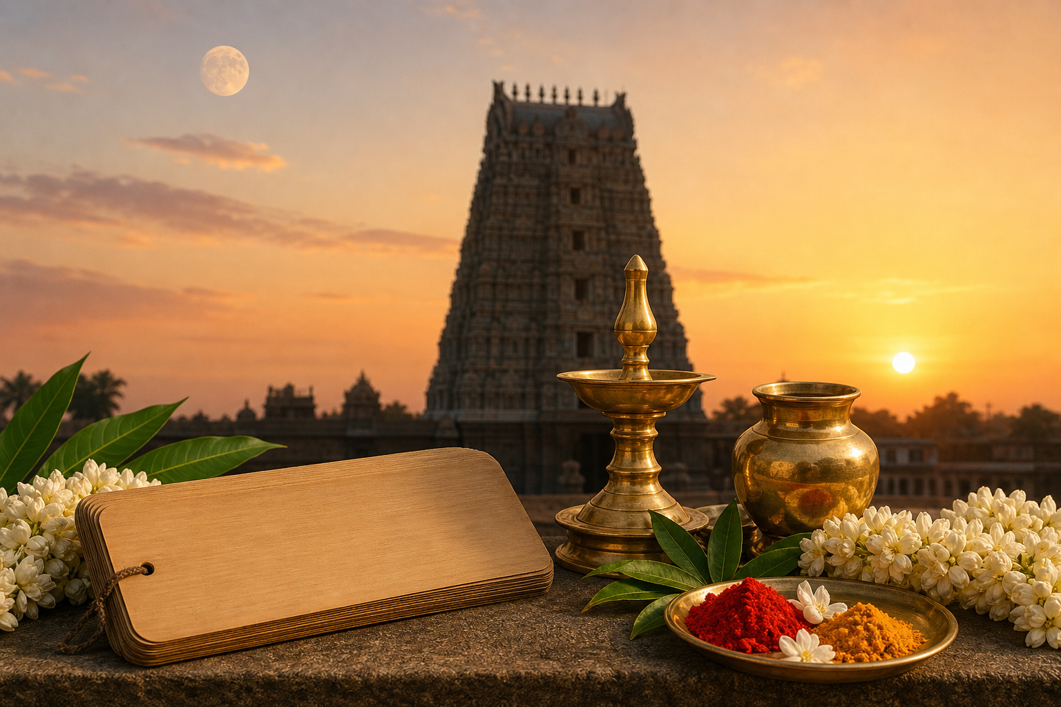 Brass lamp, jasmine, mango leaves, ceremonial powders, and a palm-leaf almanac arranged before a South Indian temple tower at dawn.