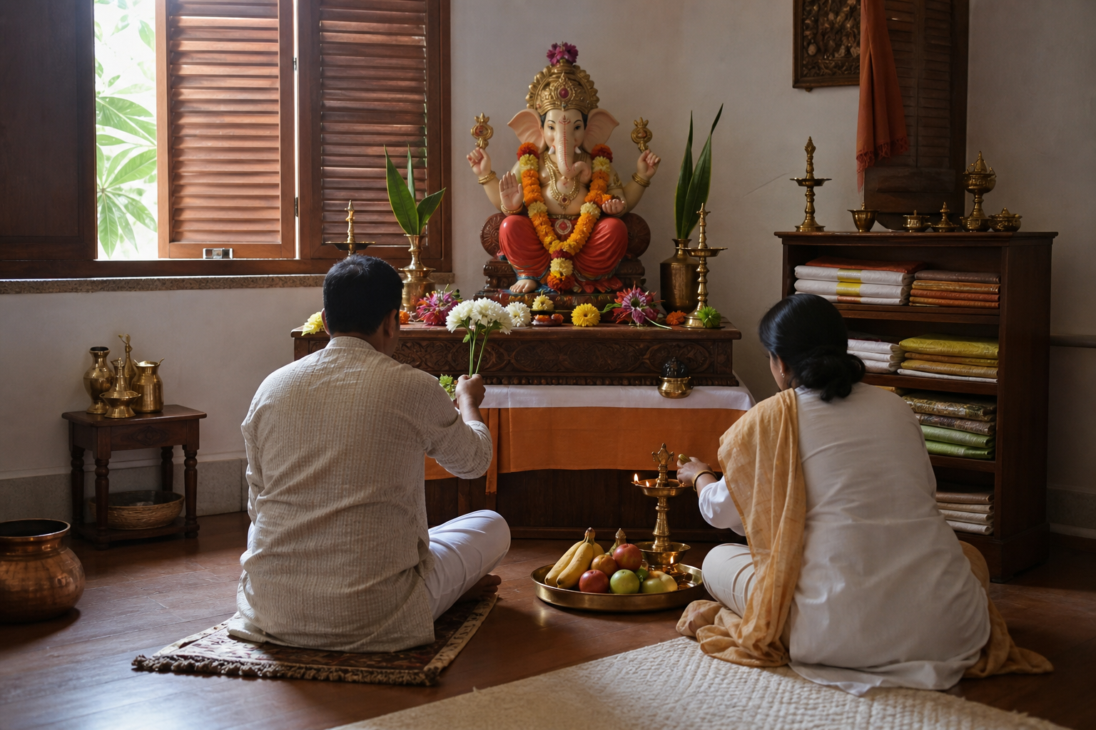 Two devotees renew flowers and prepare a lamp and fruit offering at a clean Ganesha shrine in a quiet prayer room.