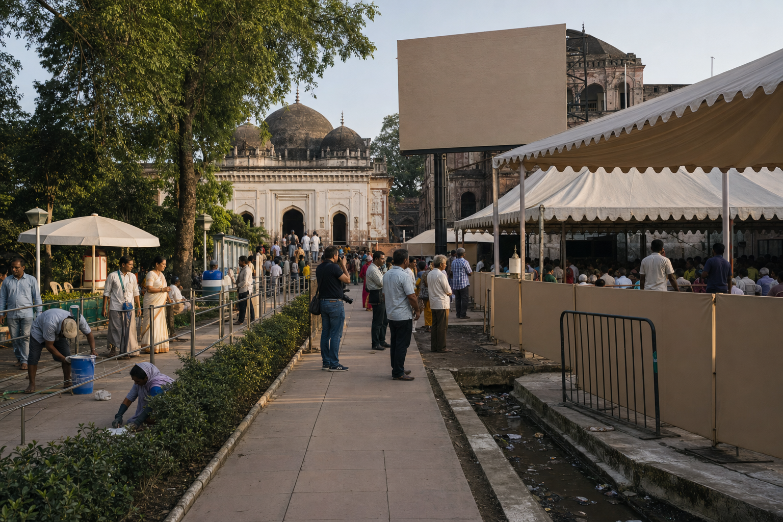 A shrine compound is divided between an open, well-maintained public area and a cluttered area dominated by blank hoardings, barriers, and exclusive seating.