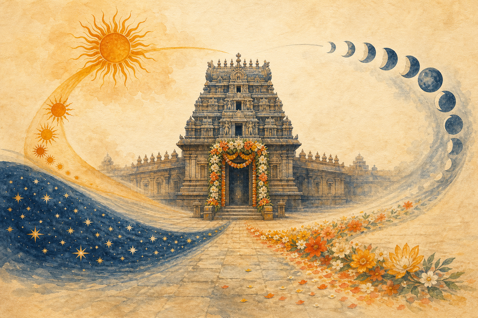 Illustrated paths of the sun, moon, and stars converge on a flower-decorated South Indian temple entrance.