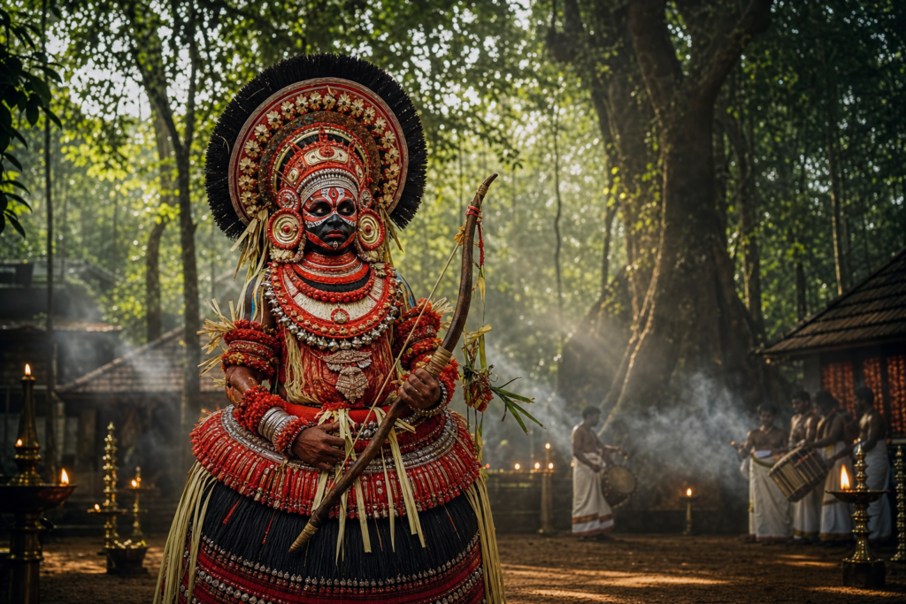 Karumakan Theyyam performer in ornate ritual costume standing in a sacred Kerala forest grove