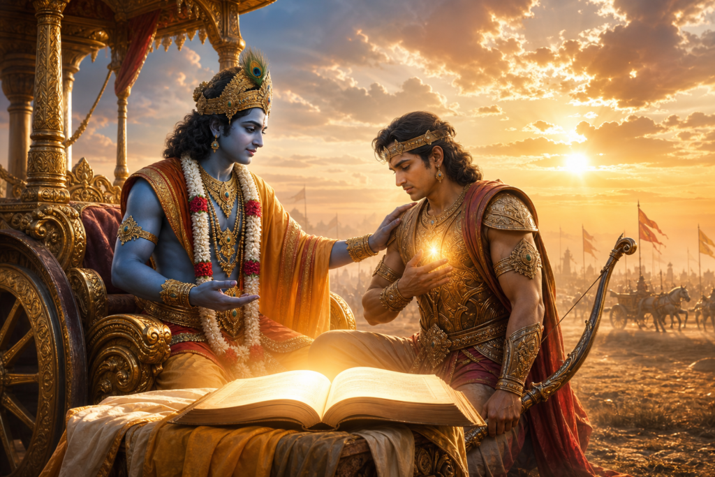 Bhagavad Gita-inspired scene of Krishna guiding Arjuna beside a golden chariot at sunrise