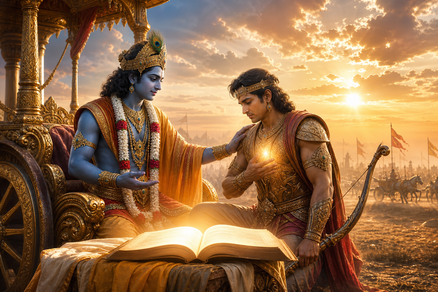Bhagavad Gita-inspired scene of Krishna guiding Arjuna beside a golden chariot at sunrise