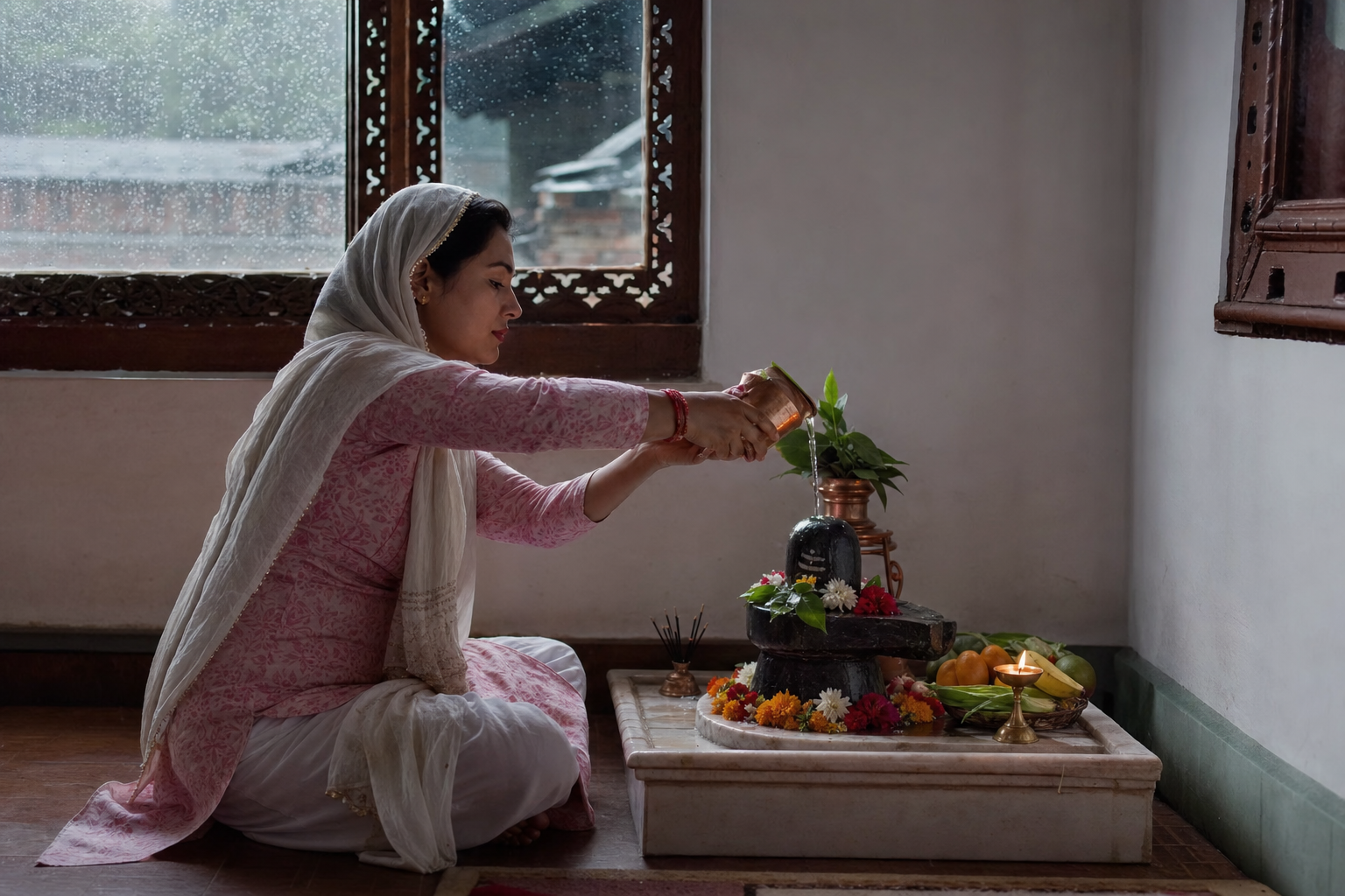 A devotee pours water over a small Shiva lingam at a home altar with leaves, flowers, fruit and an oil lamp.