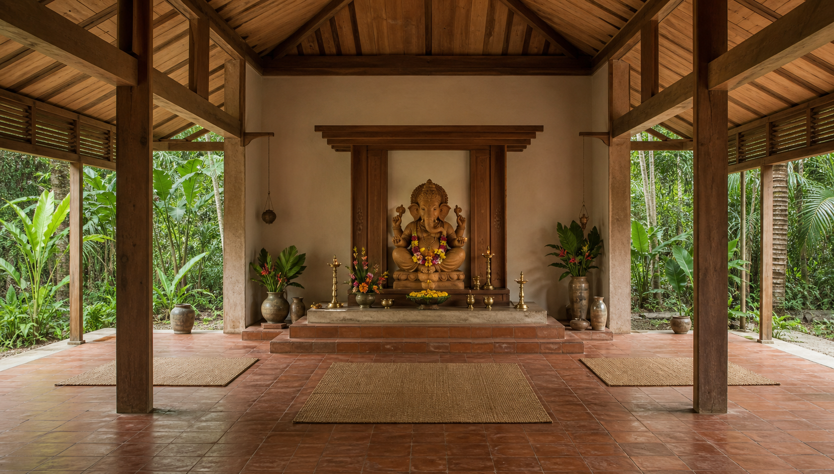 A light-filled Brazilian hall of wood, plaster, and ceramic tile arranged around a raised Ganesha shrine with lamps, flowers, and space for worship.