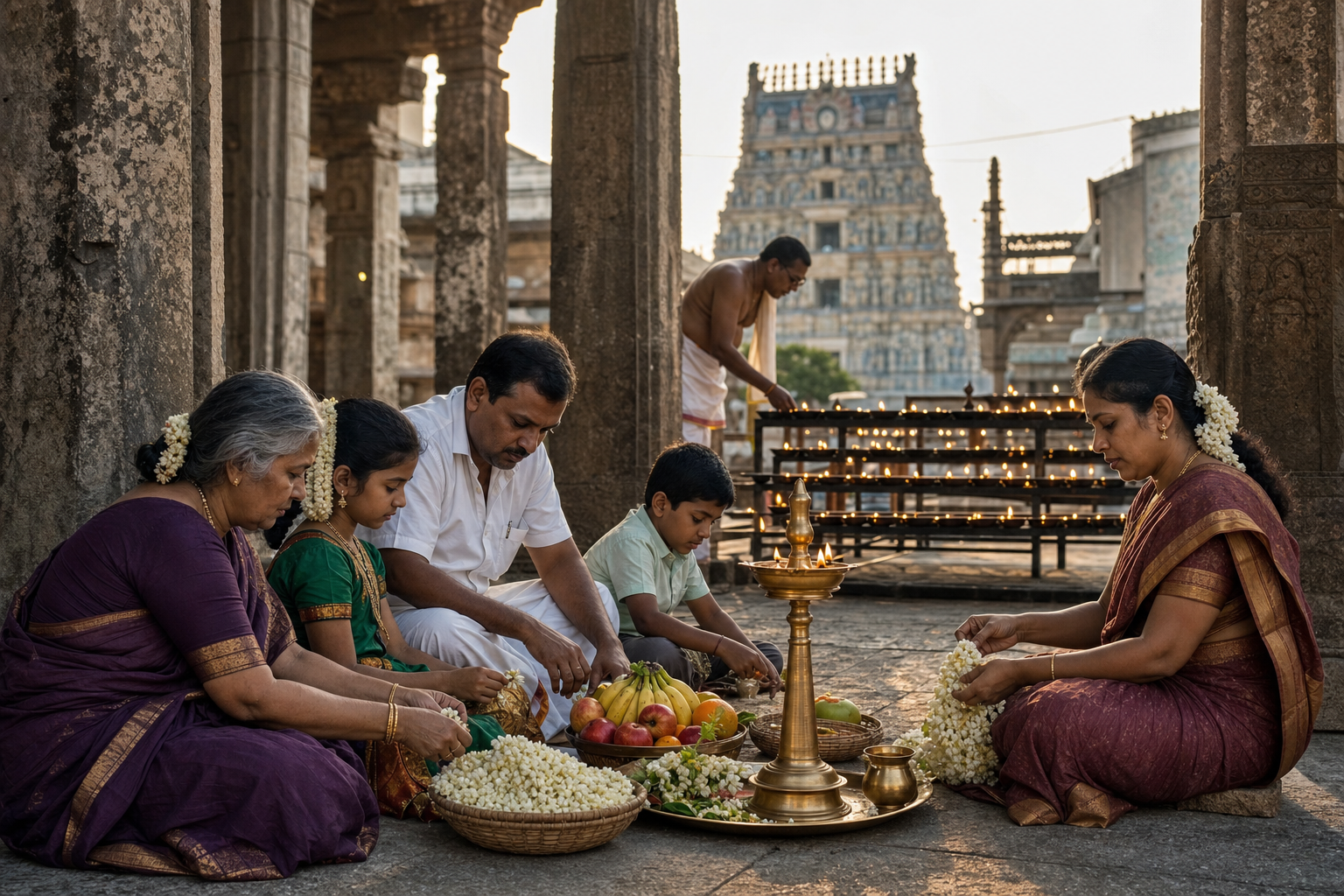 A family arranges flowers, fruit, and a brass lamp for worship in a Tamil temple courtyard while an attendant tends oil lamps.