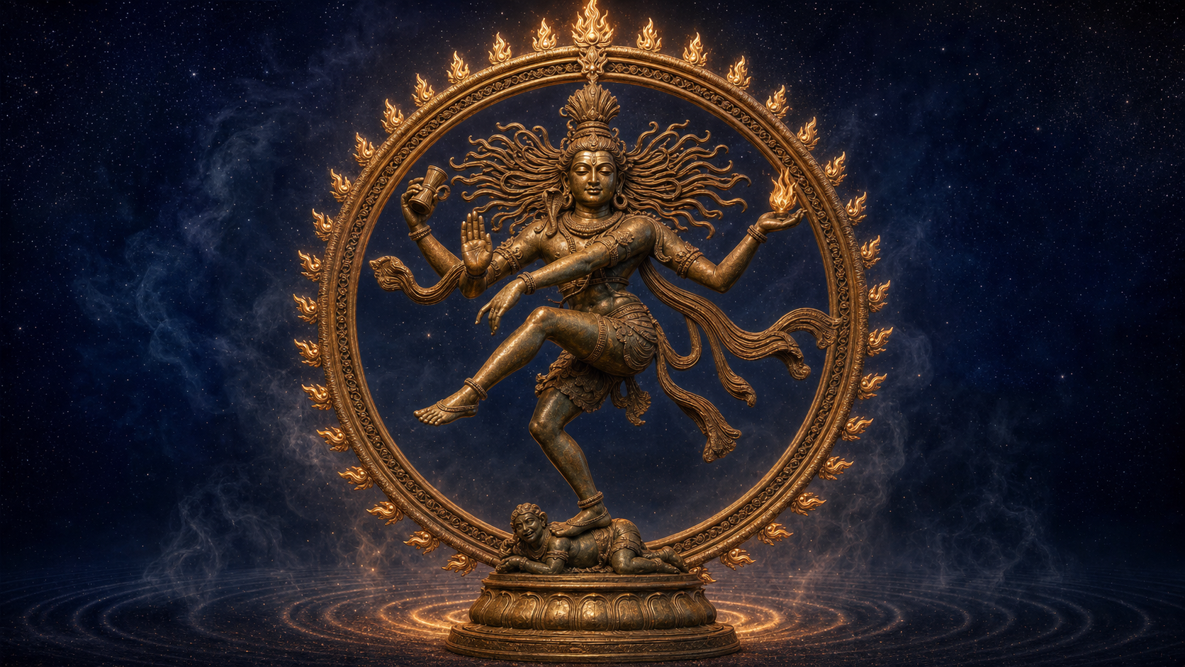A four-armed bronze dancing Shiva stands inside a ring of flames, holding a drum and fire while one foot is raised and the other rests on a small crouching figure.