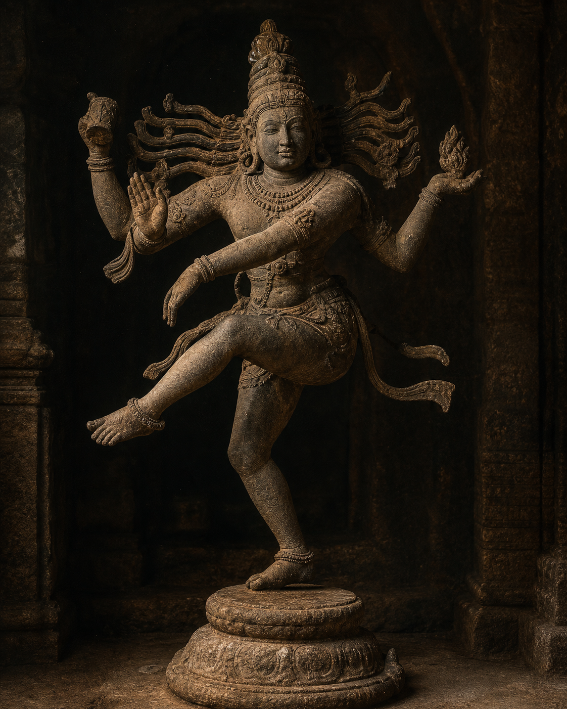 A four-armed stone Shiva figure holds an upright torso over one planted leg as the other leg and the surrounding arms extend in a dynamic dance.