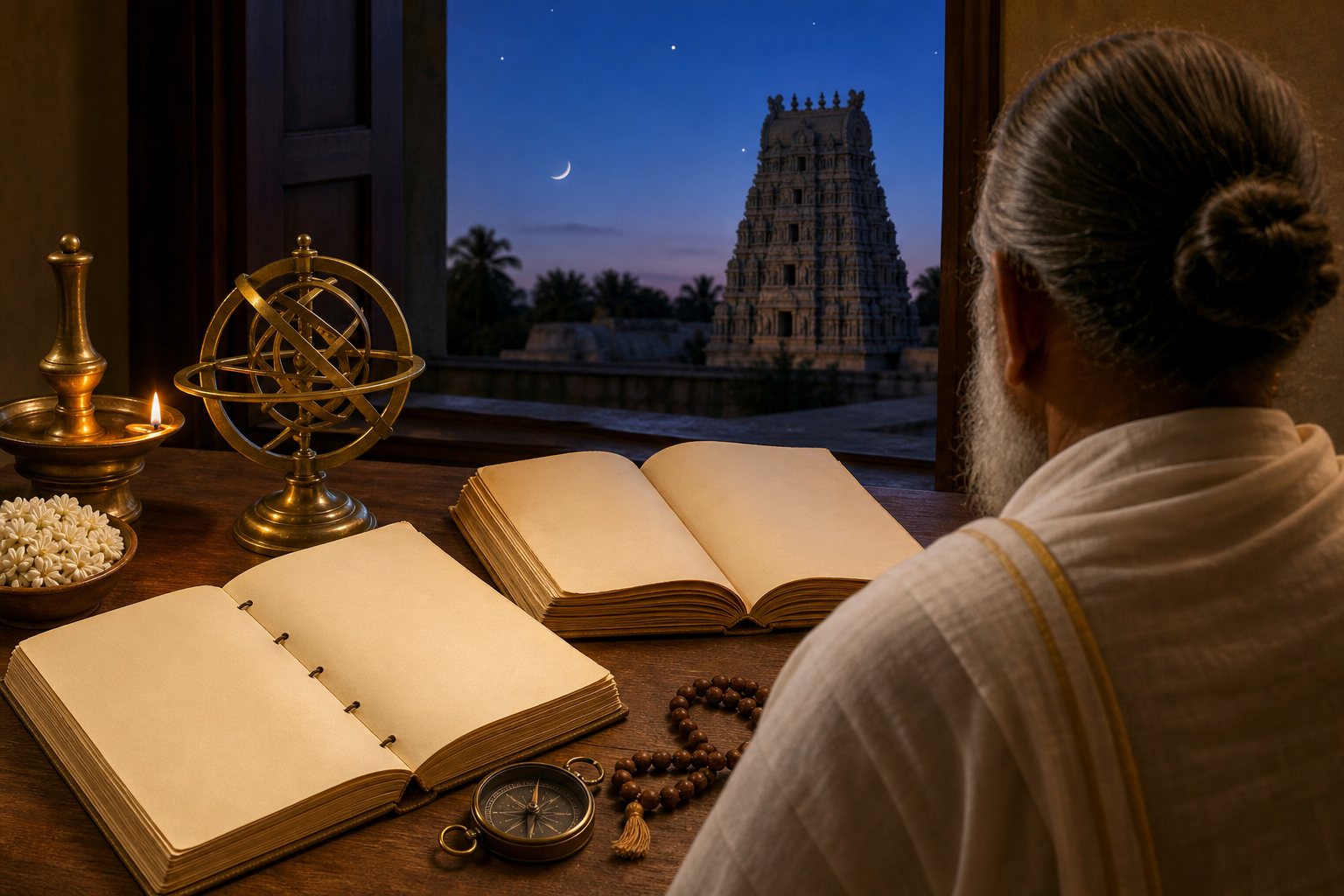 A temple scholar compares blank almanac pages and astronomical instruments beside a window overlooking a temple tower at twilight.