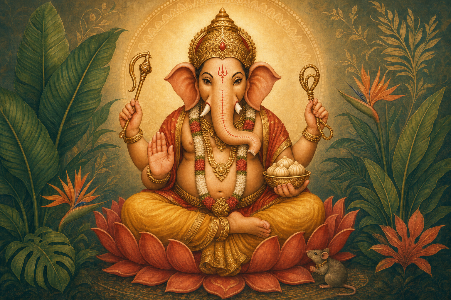 An illustrated seated Ganesha with large ears, one broken tusk, four arms, ritual attributes, a bowl of sweets, and a small mouse at the base.