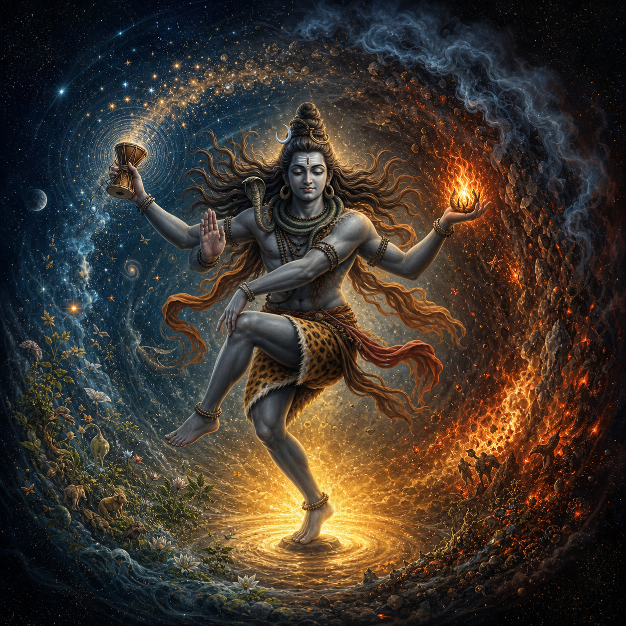 Dancing Shiva stands at the center of a cosmic ring where drum ripples, stable stars, embers, a smoky veil, and golden light form a continuous cycle.