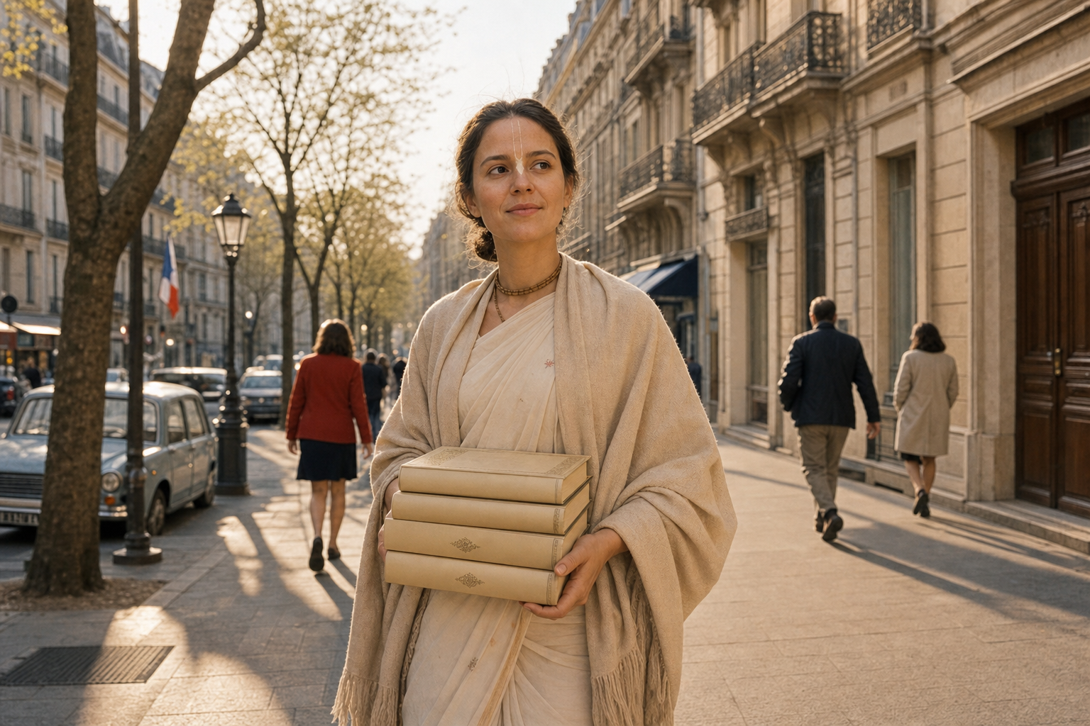 A woman devotee in a cream sari holds spiritual books on a Parisian boulevard in warm morning light.