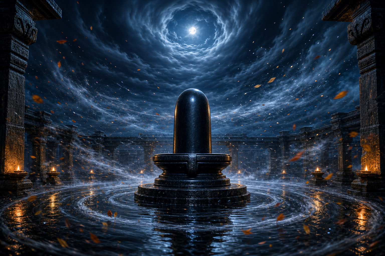 A dark stone linga remains sharply still in a moonlit shrine while water, leaves, mist, embers, and star-like particles spiral around it.