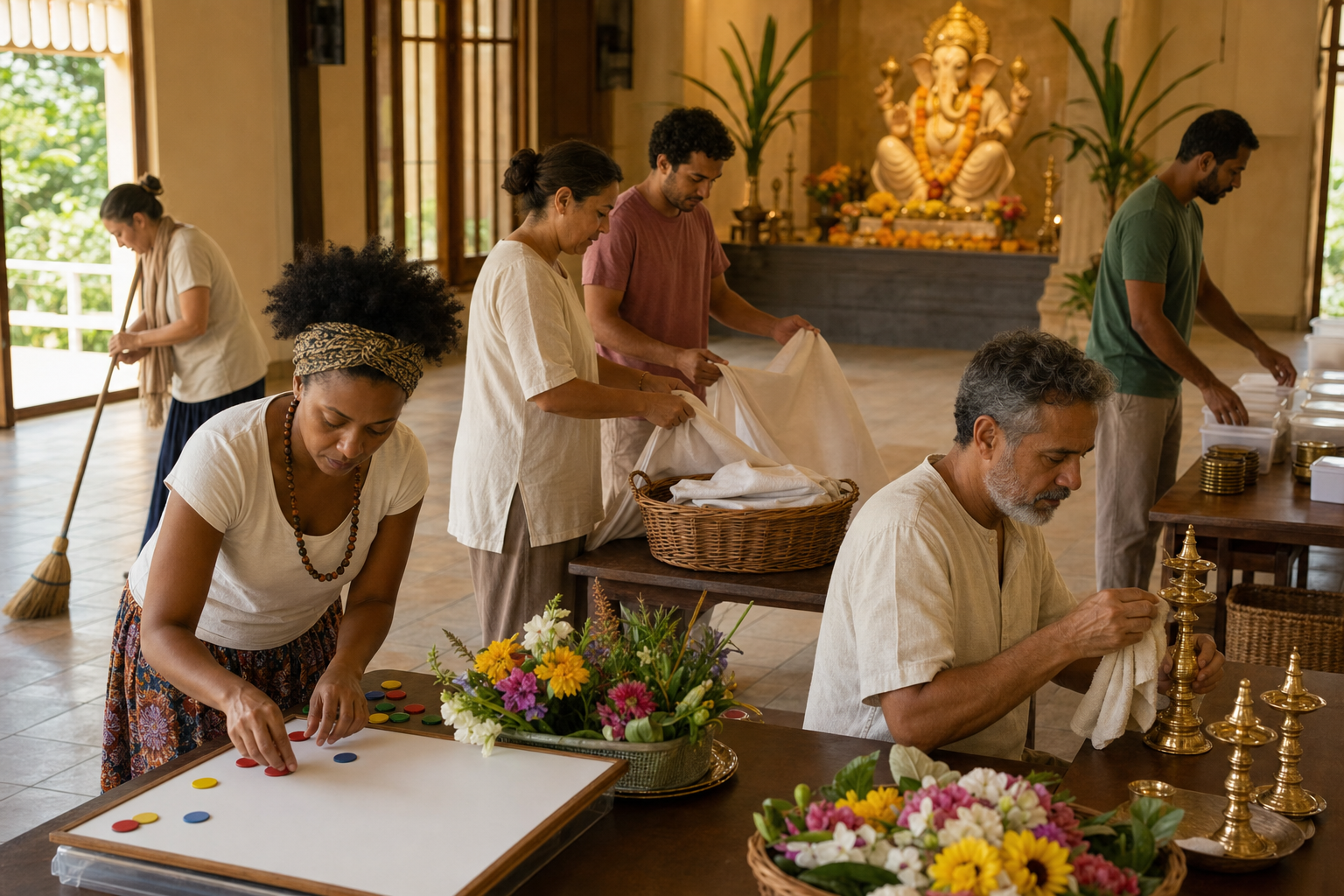 Volunteers polish lamps, fold altar cloths, arrange flowers, and clean a hall while a Ganesha shrine glows in the background.
