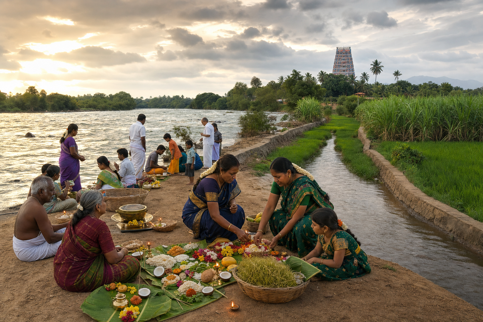 Families arrange lamps, flowers, food and sprouted grain beside a full river overlooking irrigated fields and a distant temple tower.