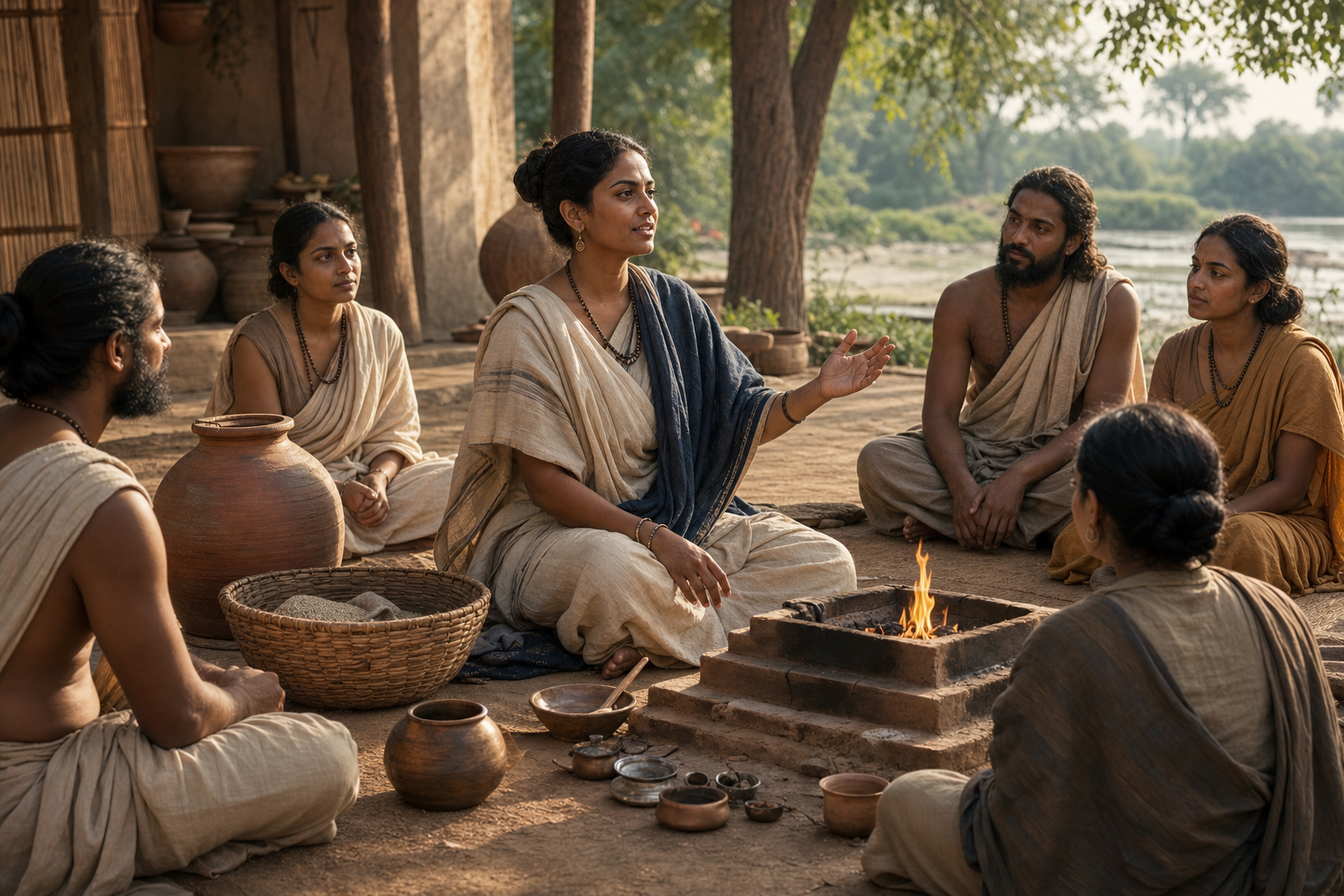 An ancient Indian woman participates in a household gathering with oral teaching, a sacred fire, family members, storage vessels, and woven baskets around her.