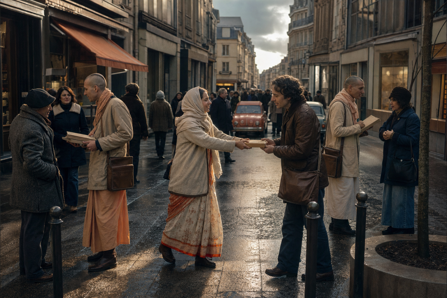 Women devotees distribute spiritual books and speak with pedestrians on a damp French street in the late 1970s.
