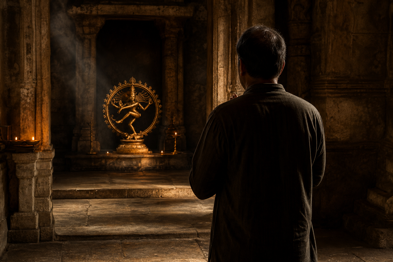 An adult viewer stands with hands joined before a lamp-lit bronze dancing Shiva in a quiet stone temple.