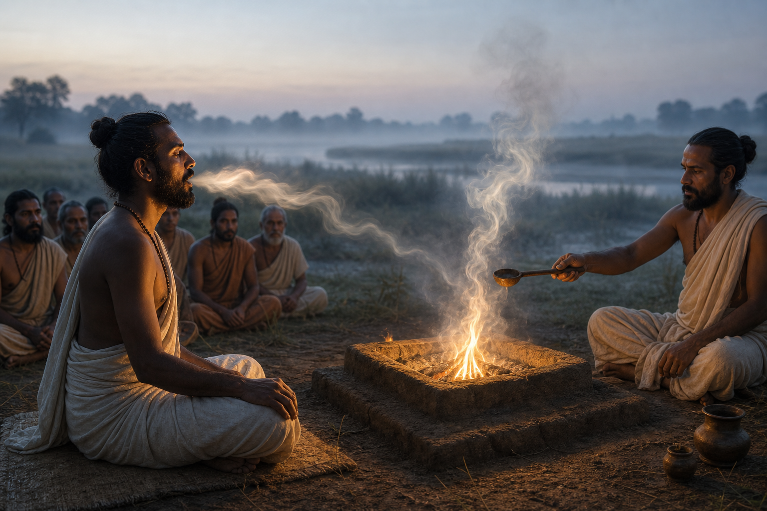 Vedic ritual officiants gather around a low earthen fire altar at dawn as a reciter's illuminated breath mingles with the rising smoke.