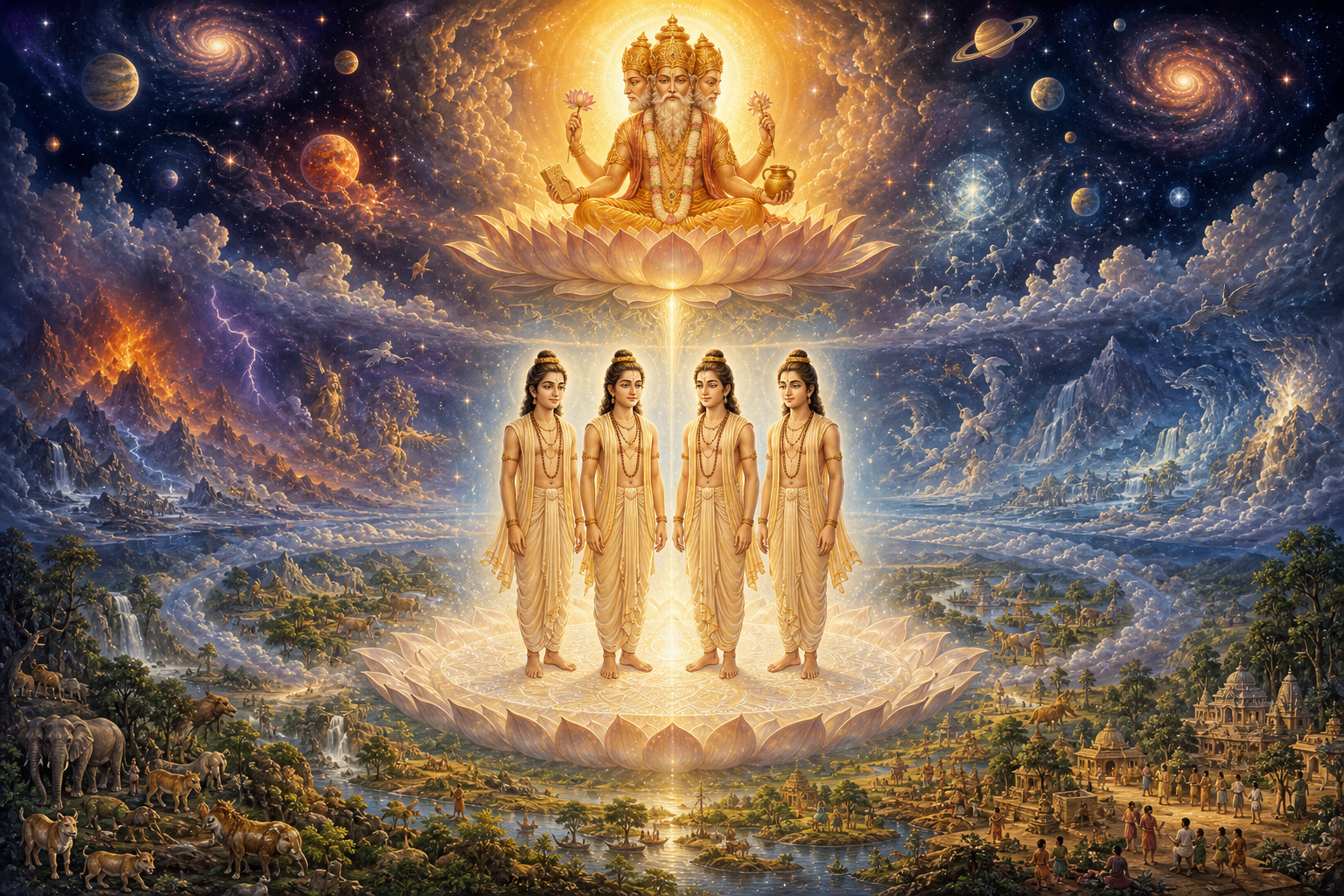 The four youthful Sanat Kumaras stand on a luminous lotus terrace below four-faced Brahma as stars, landscapes, animals, and human life unfold around them.
