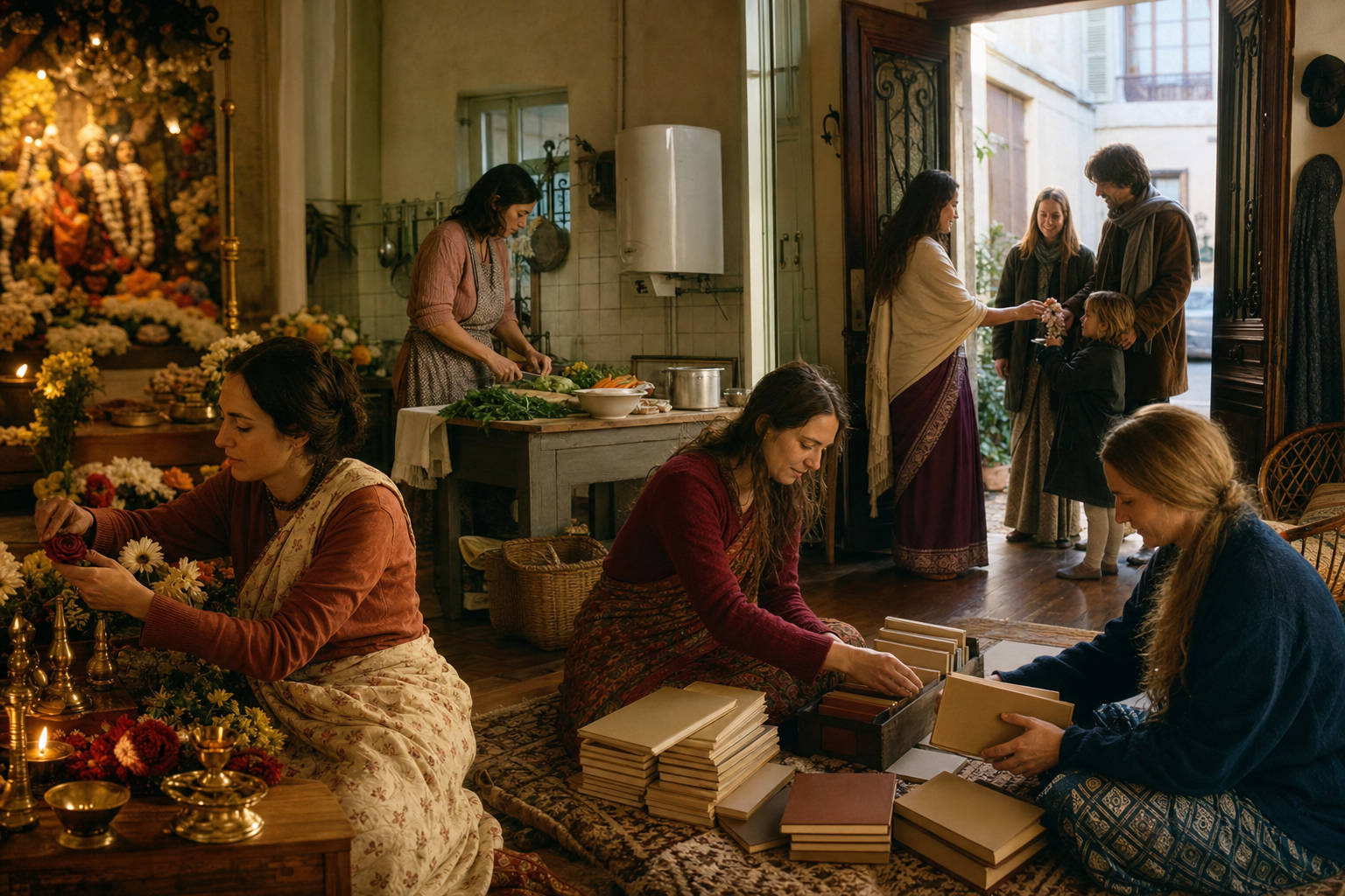 Women devotees arrange flowers, prepare food, organize books, and welcome visitors inside a modest French temple.