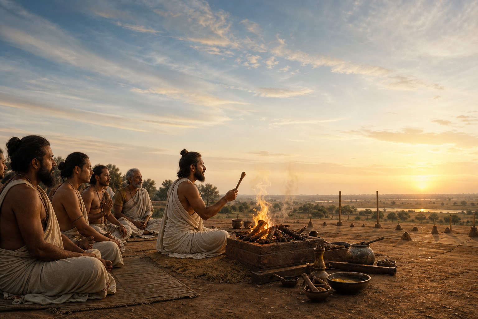 A Vedic reciter sits between an attentive human gathering and an open firelit offering space beneath the dawn sky.