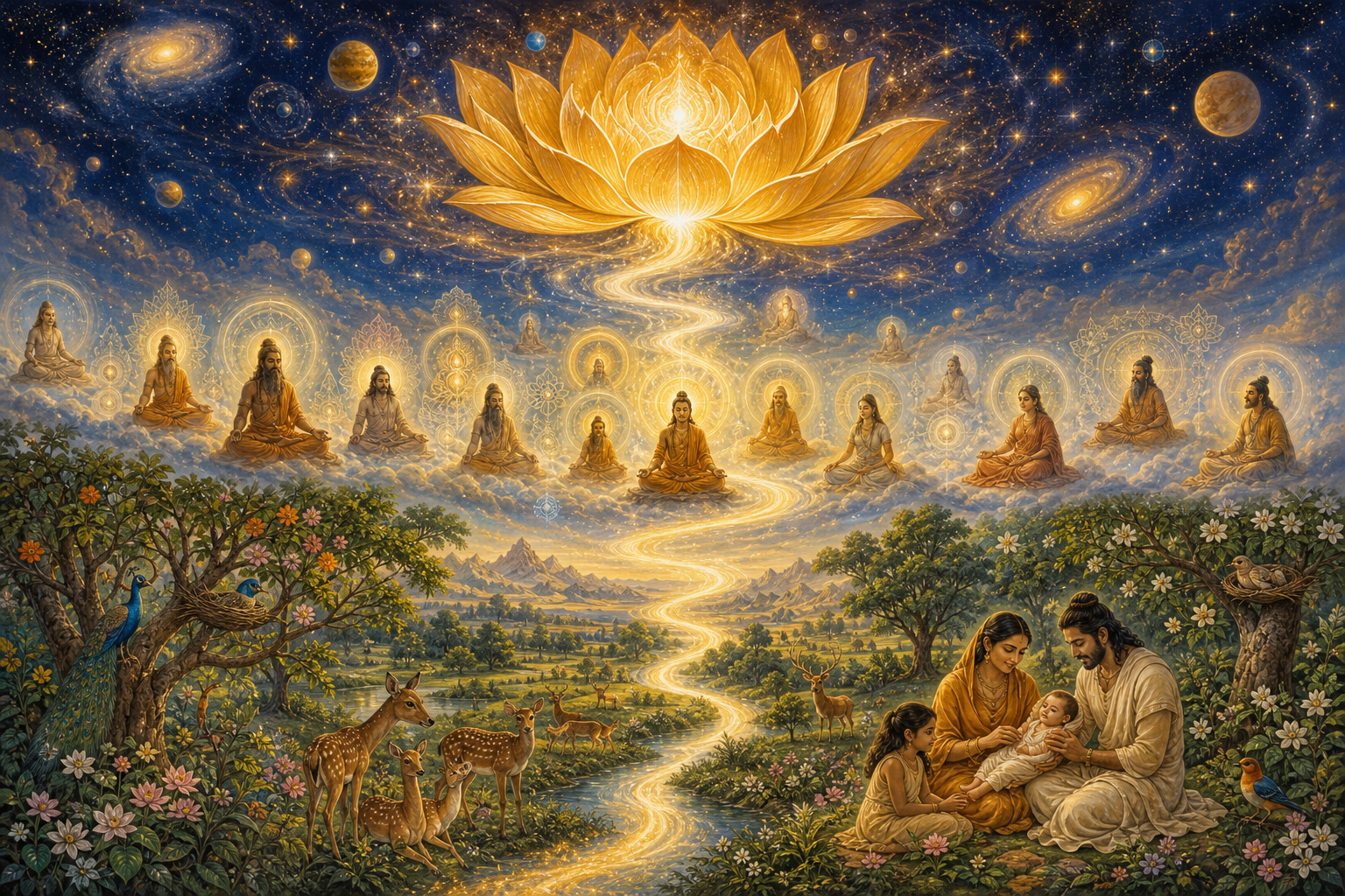 A layered sacred landscape shows a lotus appearing in the cosmos, sages emerging from radiant consciousness, and embodied life flourishing on earth.