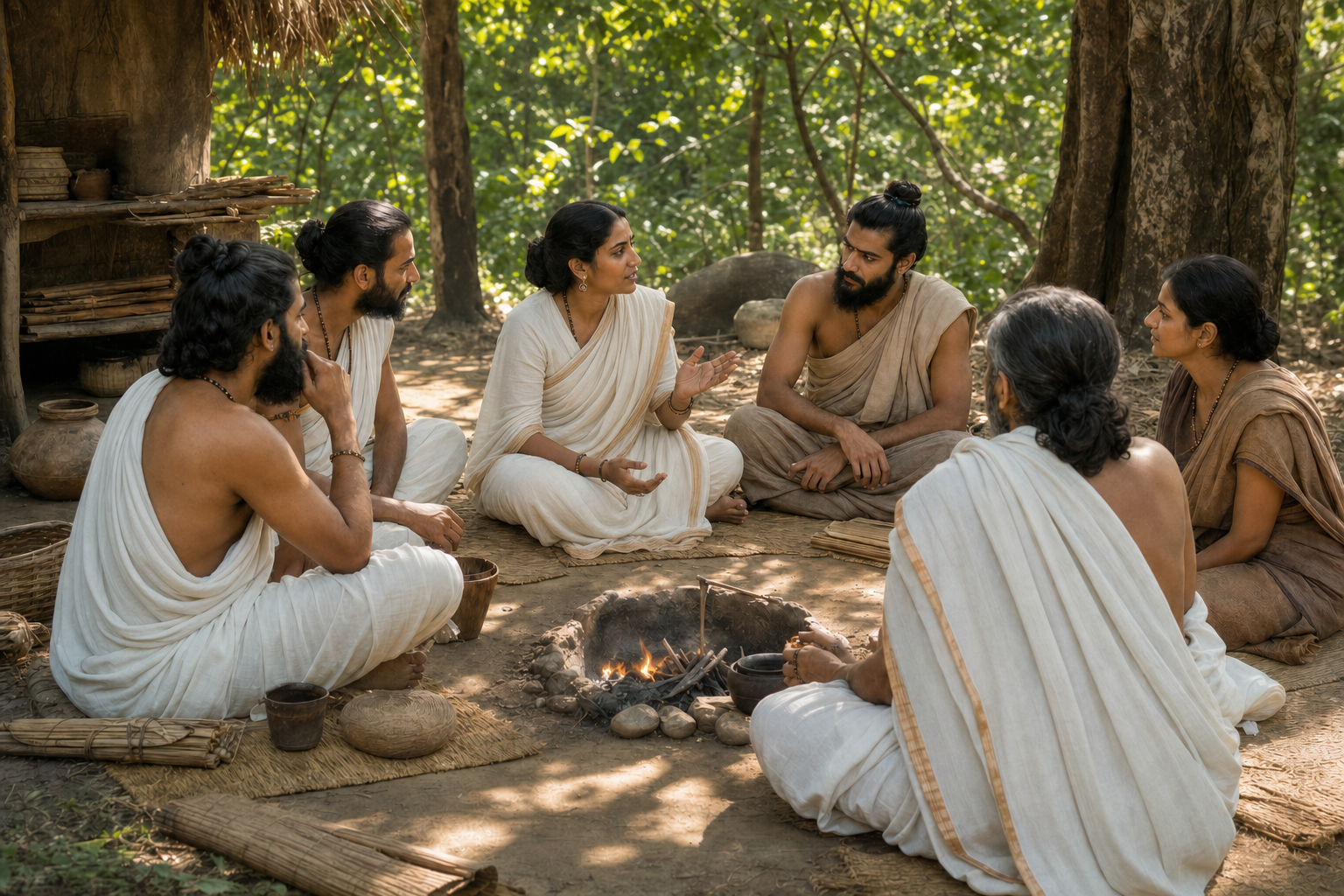 A woman speaks in a small outdoor learning circle while other adults listen beneath trees near a low fire and clay vessels.