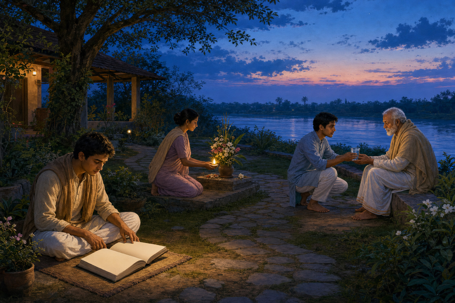 Three people in a riverside garden study an open manuscript, offer a small lamp with flowers, and bring water to an elderly visitor.
