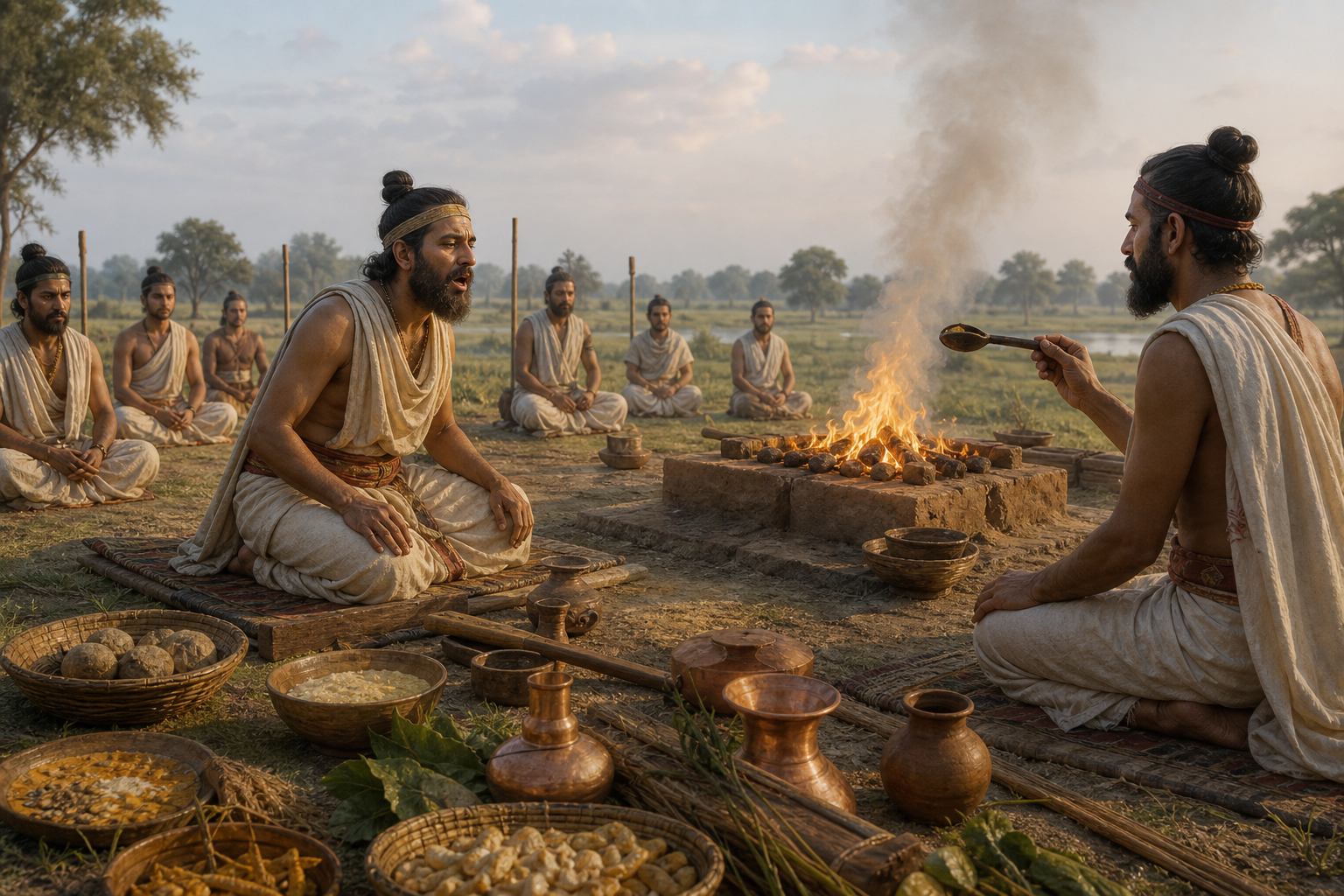 Vedic officiants pause at a carefully timed stage of a fire sacrifice while one priest recites and another holds an offering ladle ready.
