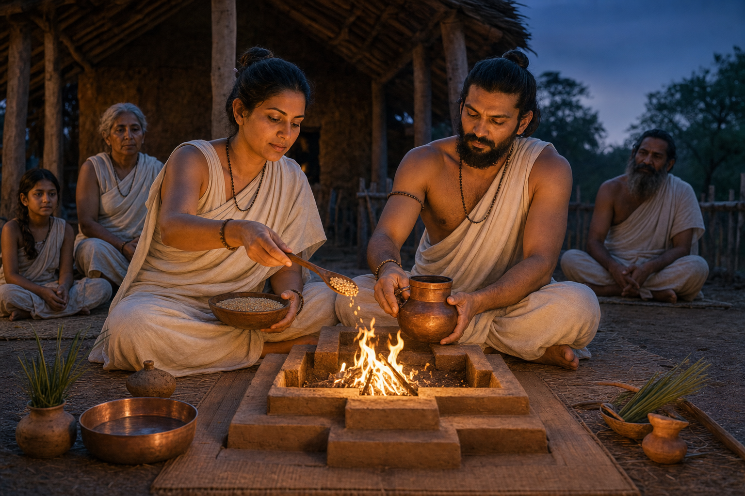 A wife and husband sit side by side and jointly make an offering at a small household fire altar as relatives witness the ritual.