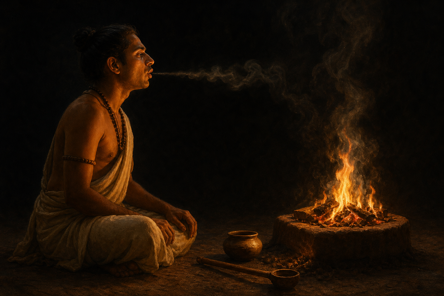 A Vedic reciter in profile faces a separate earthen altar flame, with breath, firelight, smoke, and ritual implements connecting them.