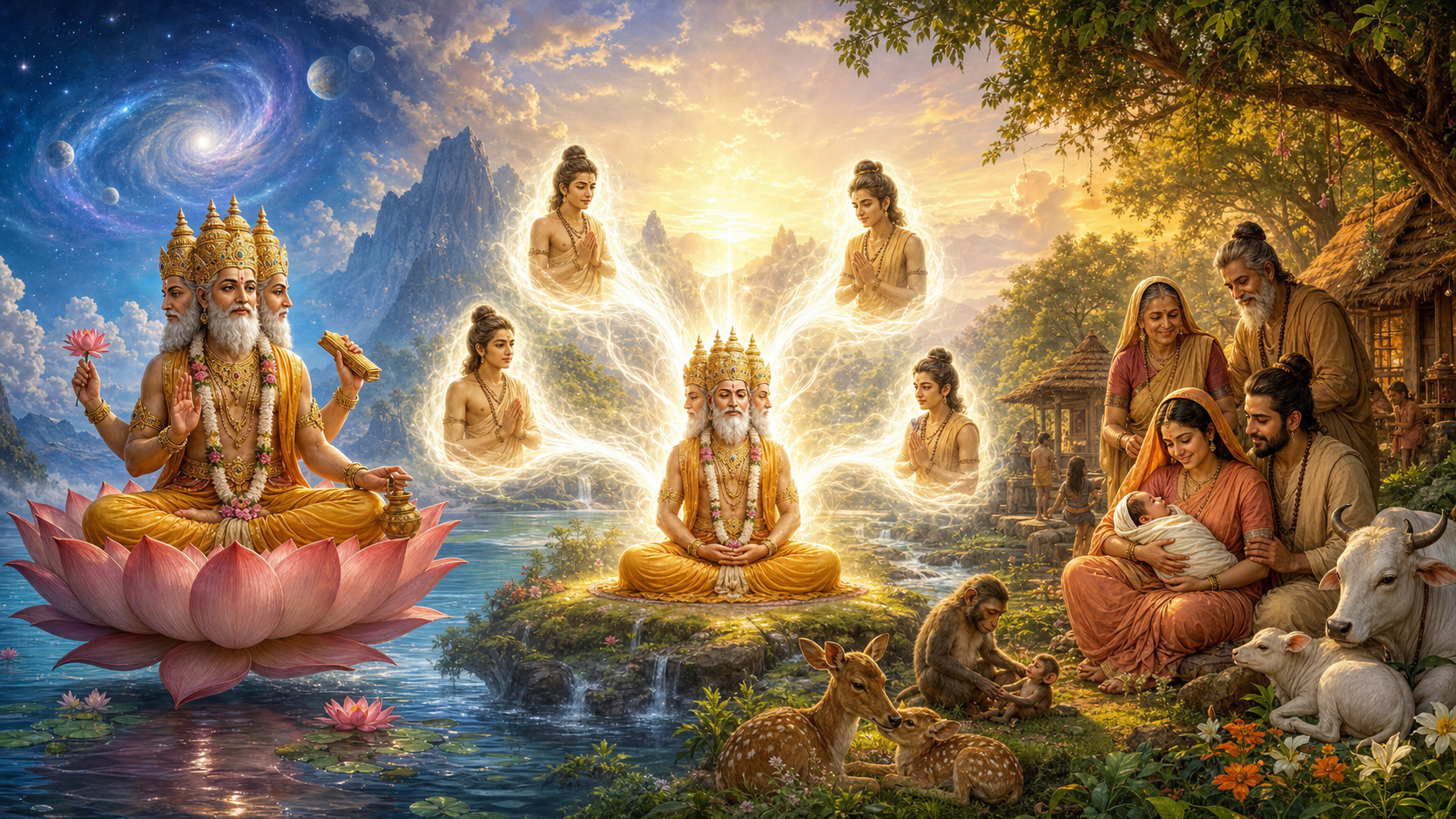 Brahma appears on a cosmic lotus, four youthful sages emerge from his meditative radiance, and a family cares for a newborn in an earthly settlement.