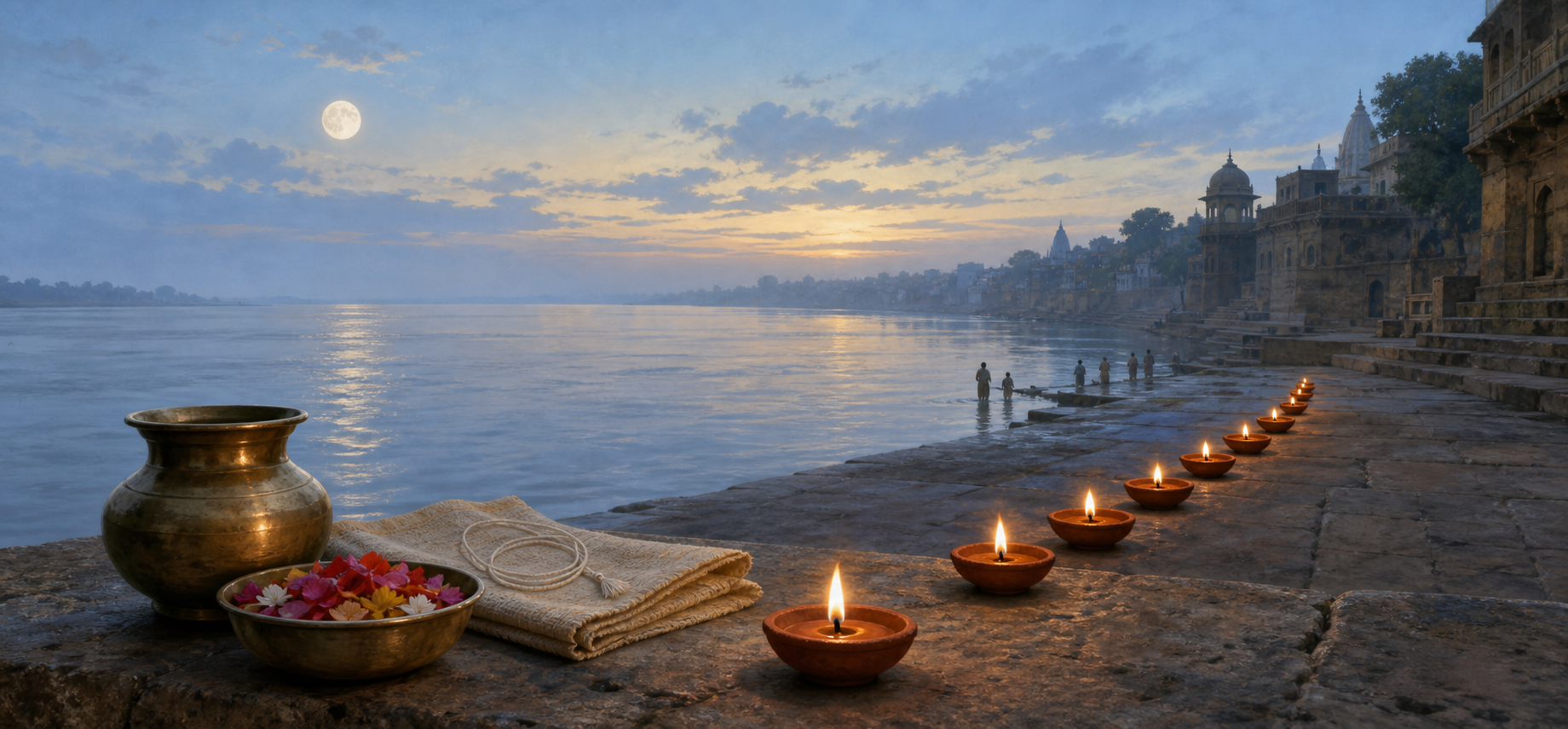 Earthen lamps and simple puja offerings rest on stone steps beside the Ganga as devotees gather under a fading full moon at dawn.