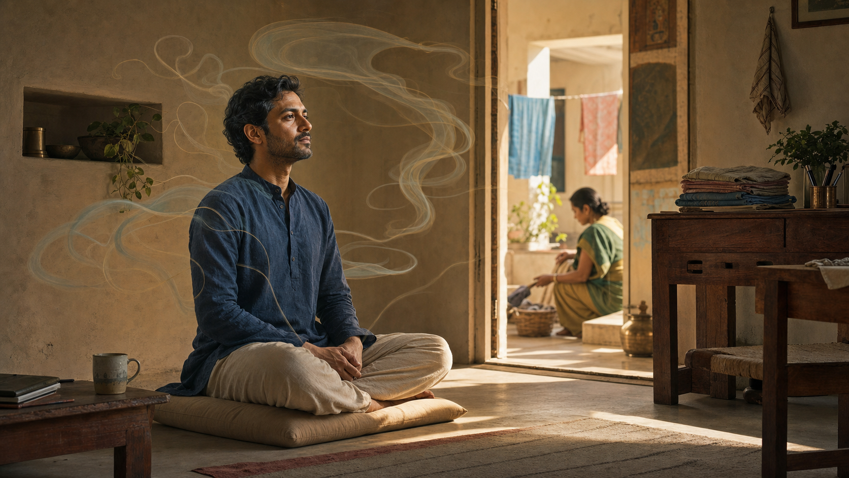 A South Asian adult sits calmly on a floor cushion in a sunlit home while translucent ribbon-like forms drift through the room and ordinary household objects remain visible nearby.