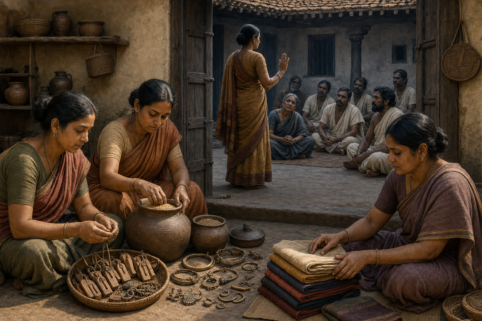 A woman oversees household grain, ornaments, and textiles before addressing a seated family council in an ancient courtyard.