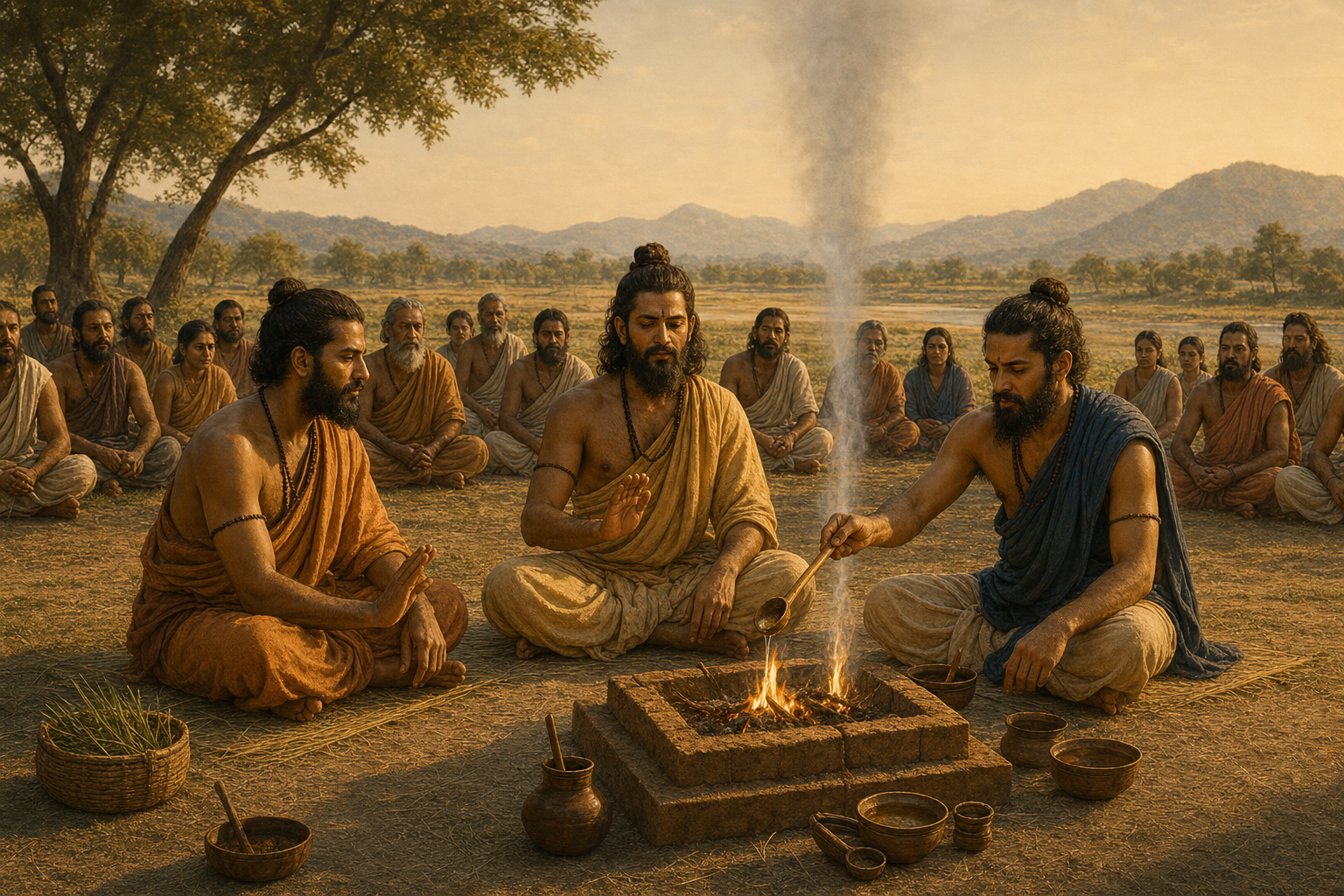 Three Vedic officiants coordinate measured recitation, attentive listening, and a timed offering beside a steady ritual fire.