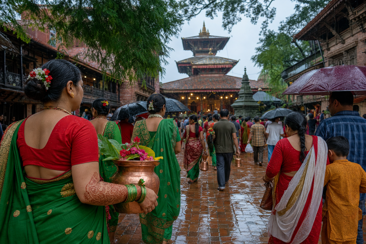 Devotees carrying copper pots and flowers walk on a rain-wet street toward a pagoda-style temple in Nepal.
