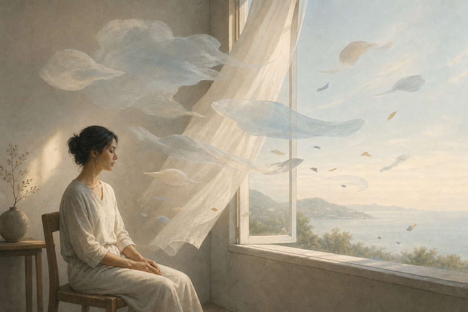 A relaxed person sits beside an open window as translucent cloudlike forms drift through the room with a moving curtain.