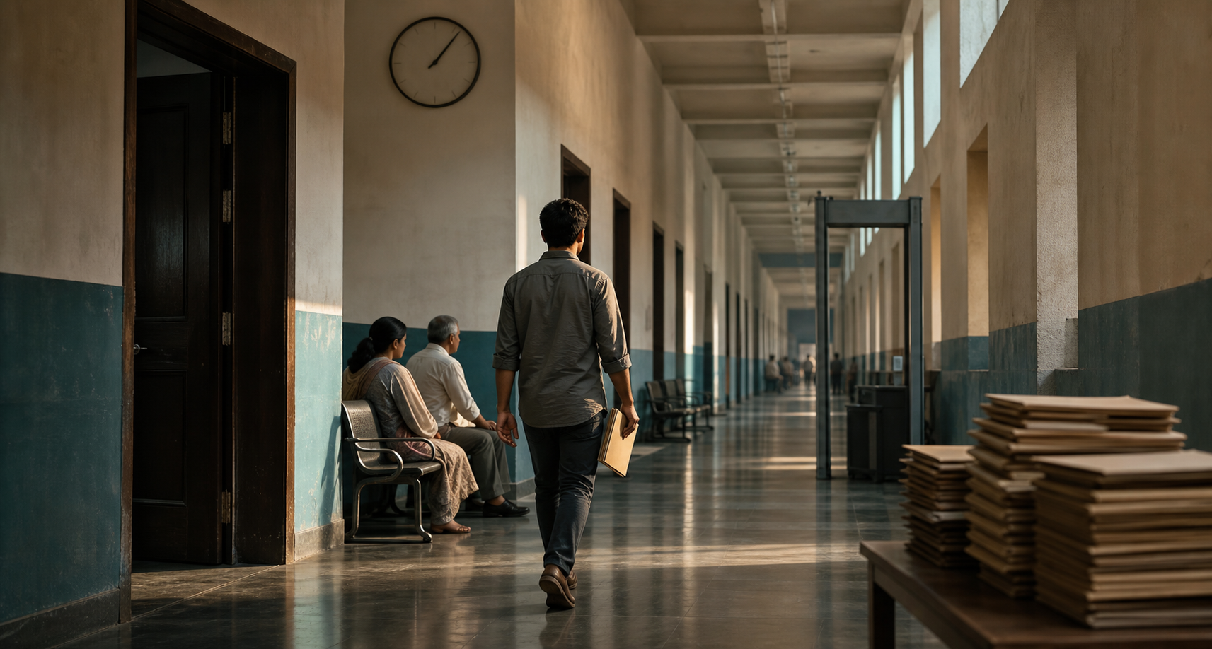 फाइल लिए एक युवा व्यक्ति लंबे अदालत गलियारे से गुजर रहा है, जहां दूर तक दरवाजे, प्रतीक्षा बेंच, सुरक्षा फ्रेम और बिना लिखावट वाली केस फाइलें दिखाई देती हैं।
