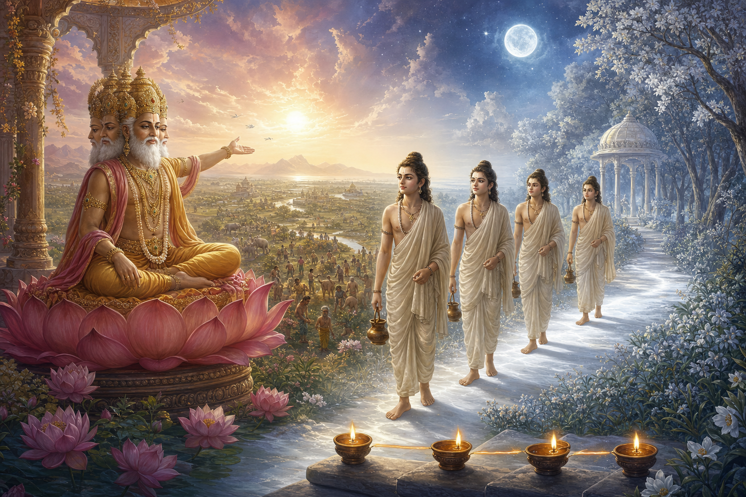 The four youthful Sanat Kumaras respectfully turn from Brahma and the growing world toward a luminous forest path of contemplation, with four lamps glowing behind them.