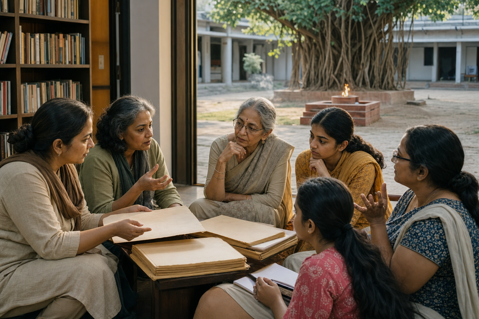 Women and a teenage girl discuss blank manuscript leaves around a table in a modern community library beside an open courtyard and banyan tree.