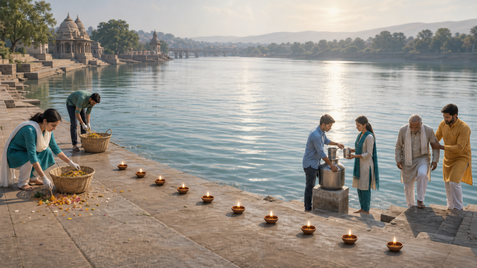 Volunteers clean a riverside ghat, maintain a drinking-water vessel, and assist an older visitor beside a row of earthen lamps.