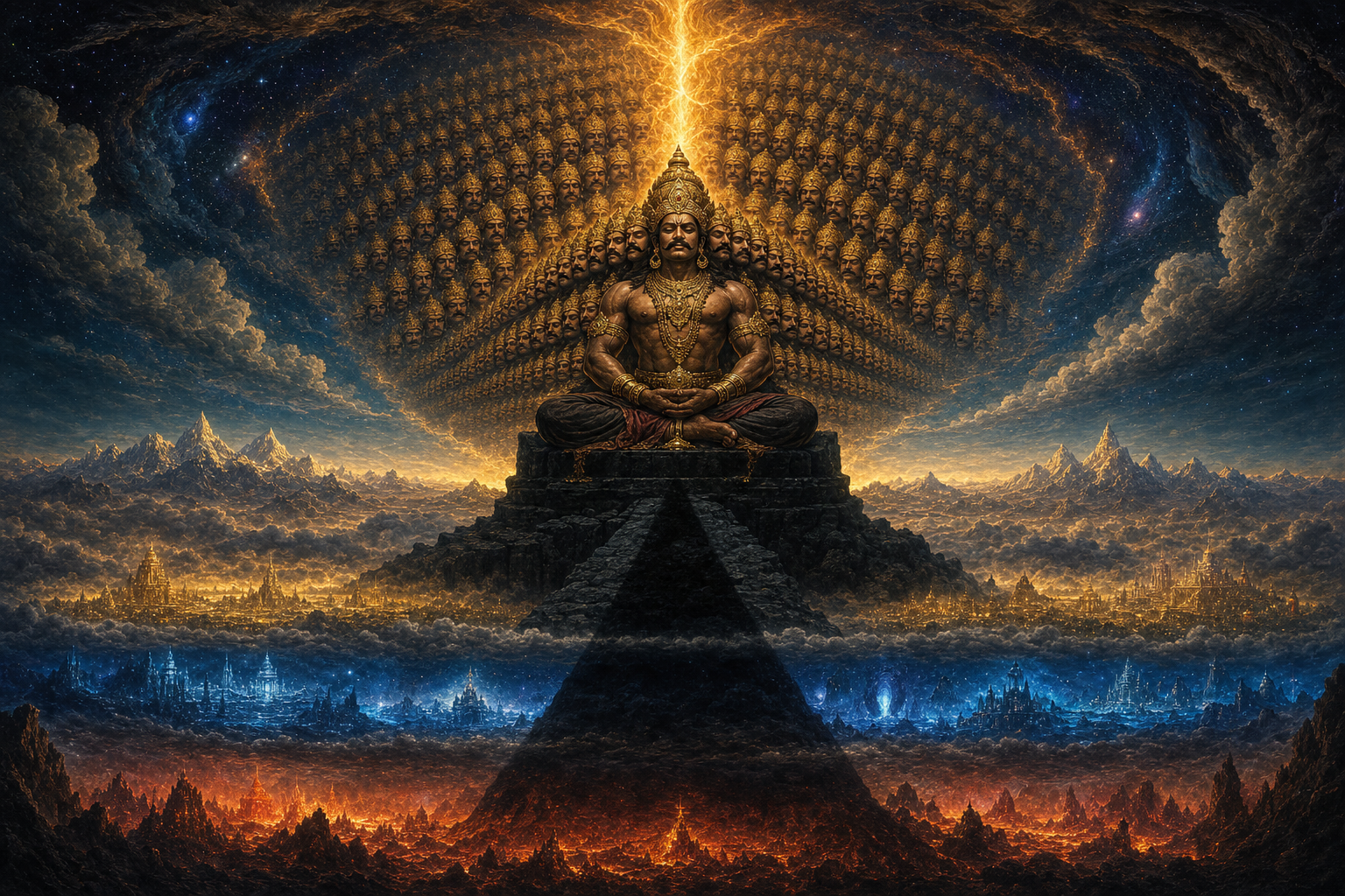 Sahasramukharavana meditates on a dark mountain as tiers of crowned heads spread behind him and golden ascetic energy rises through three cosmic realms.