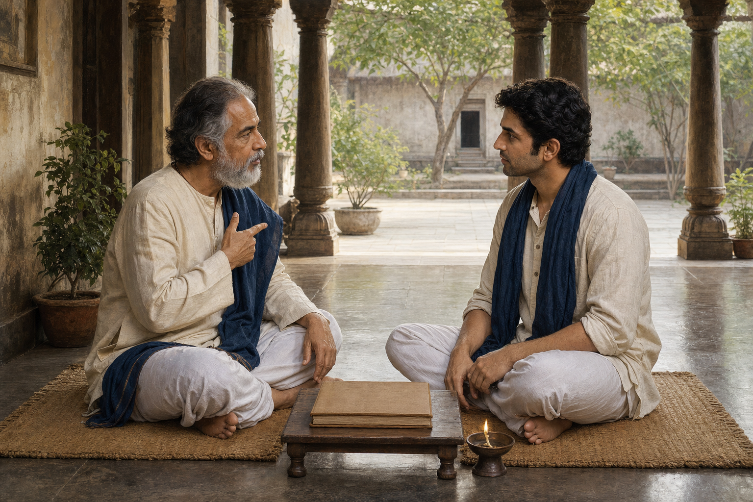 An older Indian teacher and an adult student sit in conversation on a veranda beside a closed manuscript and a small oil lamp.