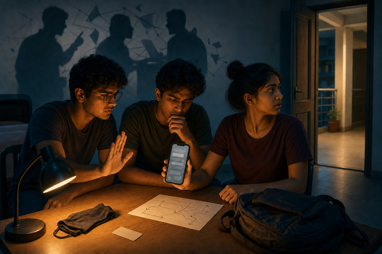 छात्रावास के कमरे में तीन युवा एक फोन पर धुंधले संदेश देख रहे हैं; मेज पर बिना पहचान वाला कार्ड, कपड़ा, बैग और तीरों वाला खाली मार्ग-रेखाचित्र रखा है, जबकि एक युवा रुकने का संकेत दे रहा है।